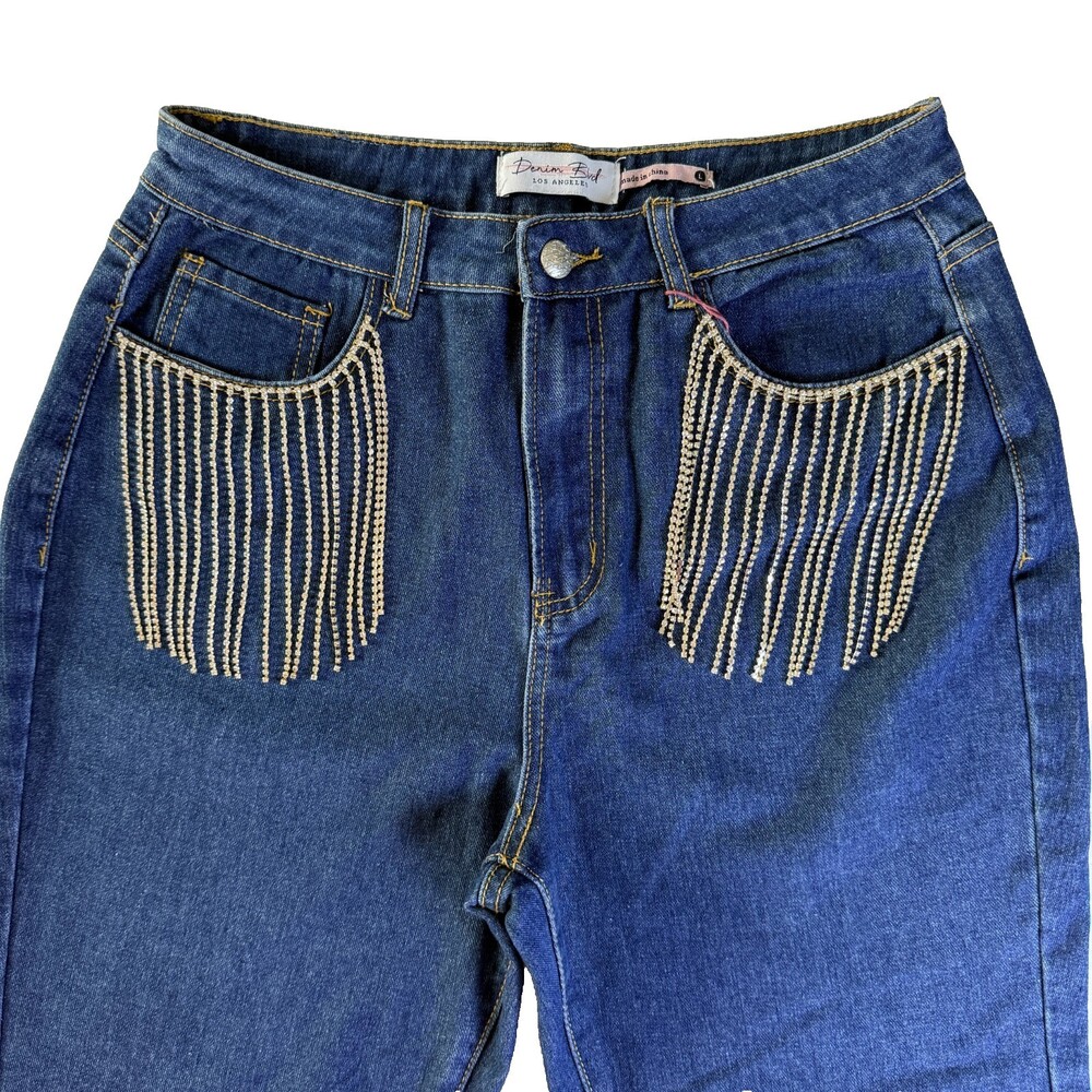 Denim Blvd Boyfriend Jeans NWT Sz L Rhinestone Fringe Trim on Pockets Med Wash